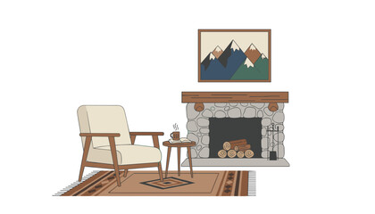 Fototapeta premium Rustic mountain lodge living area with a stone fireplace, cozy armchair, woven floor rug, side table with hot drink, and mountain landscape art.