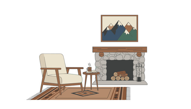 Rustic mountain lodge living area with a stone fireplace, cozy armchair, woven floor rug, side table with hot drink, and mountain landscape art.