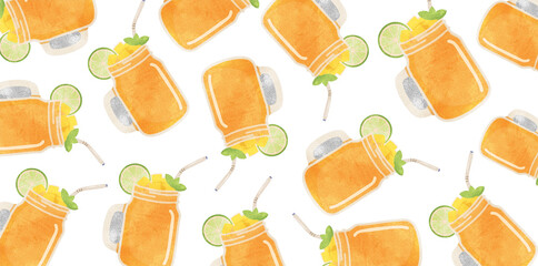 watercolor mango juice mason jar seamless pattern backdrop design © foxndeer
