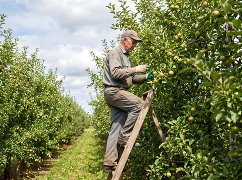 Farmer Picking Apples from Ladder in Orchard