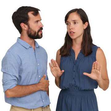 Portrait of a man and woman having a serious conversation or disagreement isolated on transparent or white background, png