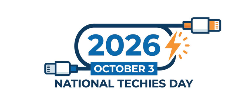 National Techies Day graphic featuring the year 2026 and a charging cable illustration.