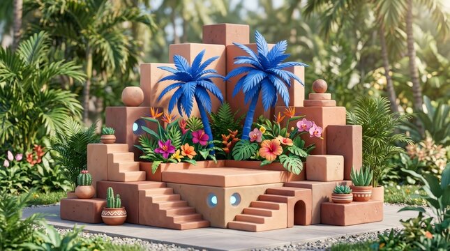 Stepped clay pyramid podium in tropical jungle setting with blue palm trees