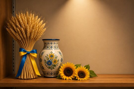 sheaf. Wheat sheaf with blue yellow ribbon, vase and sunflowers, harvest display, representing seasonal cycles and harvest abundance.