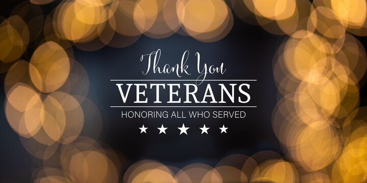 Text "Thank you - Veterans - honoring all who served" on a celebratory bokeh lights background.