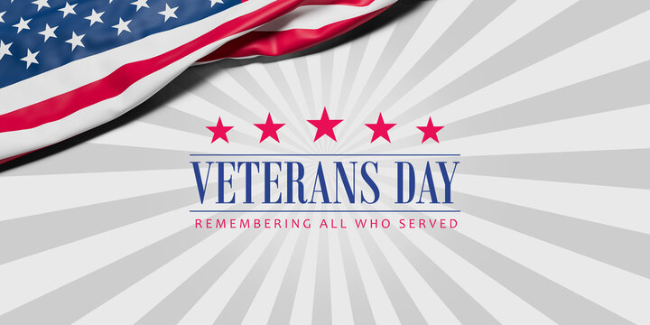 The wrinkled flag of the USA draped onto a flat surface with gray rays and the text "Veterans Day - Remembering all who served"