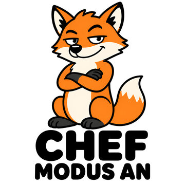 Fuchs mit verschr&auml;nkten Armen und Spruch Chef Modus an f&uuml;r eine selbstbewusste und bestimmte Stimmung generative AI