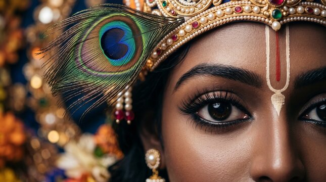 Detailed Extreme Close-up of Lord Krishna's Eyes, Tilak, and Peacock Feather Crown on Dark Skin - High Resolution Stock Photo