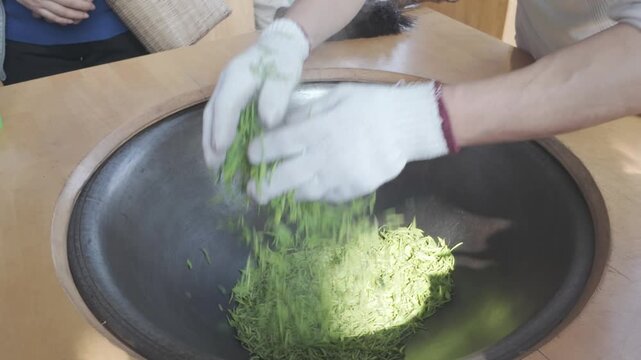 Traditional Chinese tea making techniques involve workers stir frying freshly picked green tea in iron pots