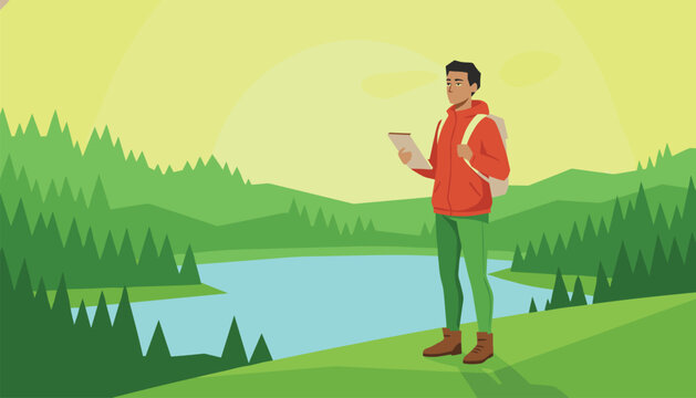 Hiker wearing a red jacket and backpack stands in a grassy mountain landscape near a serene blue lake while holding a digital tablet device.