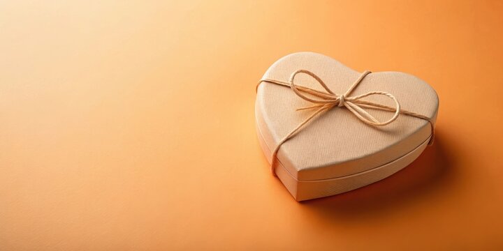 Heart-shaped gift box tied with twine on a warm orange background, perfect for a romantic gesture or special occasion