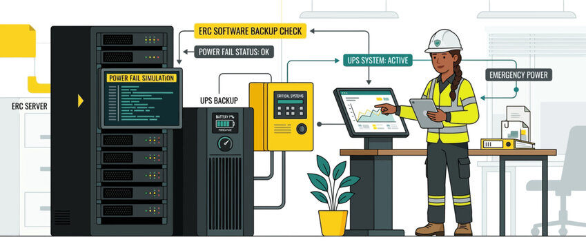 Data Center Technician Monitoring Server Room Power Systems and UPS