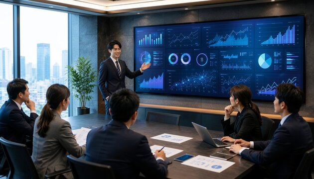 A young Japanese male office worker gives a presentation using a holographic AI dashboard in a modern office.　現代的なオフィスでホログラムAIダッシュボードを使用してプレゼンテーションをしている日本の若い男性会社員。