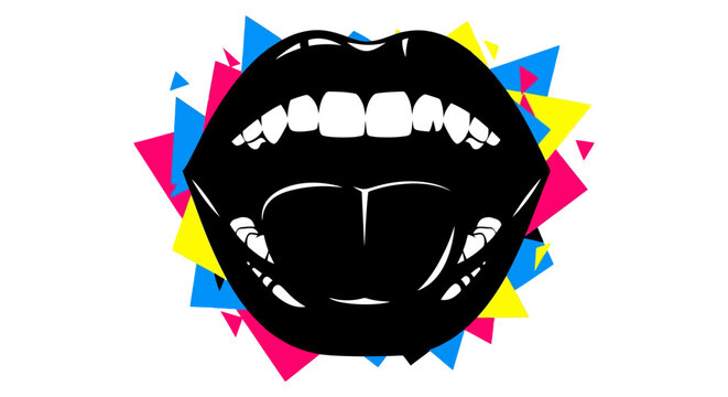 Close-up of Open Mouth with Tongue Out and Teeth Showing in Vibrant Artistic Style.