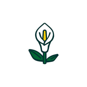A minimalist graphic icon featuring a stylized white calla lily flower with a yellow spadix and two dark green leaves.