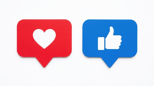 Red and Blue Social Media Icons with Heart and Thumbs Up Symbols on White Background