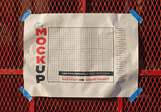Horizontal Page Poster Mockup on Red Street Fence Grille Mockup