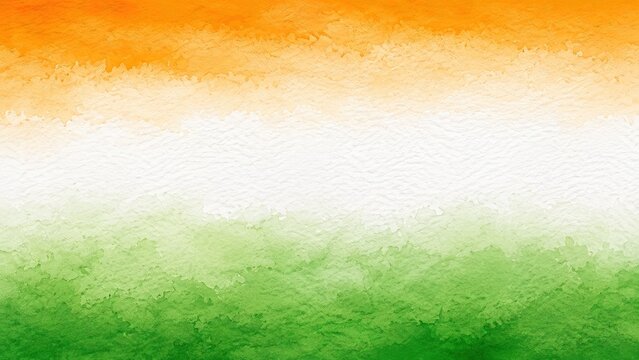 Abstract watercolor background in vibrant saffron / orange, white, and green, evoking the indian flag for independence day.