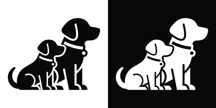 Silhouette vector illustration of two sitting dogs side-by-side. Clean, minimalist graphic shown in inverted black and white color options.