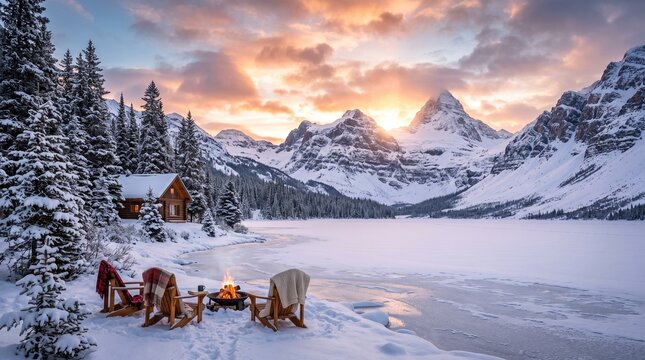 Snowy lakeside at sunset with a cozy cabin, pine trees, and mountains. Three chairs by a campfire on the ice, blankets draped over them.