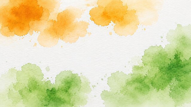 Vibrant watercolor splashes in saffron / orange, white, and green form an abstract background, celebrating indian independence day.