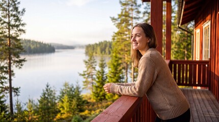 Fototapeta premium Smiling Woman Relaxing on Wooden Cabin Balcony Overlooking Scenic Forest Lake