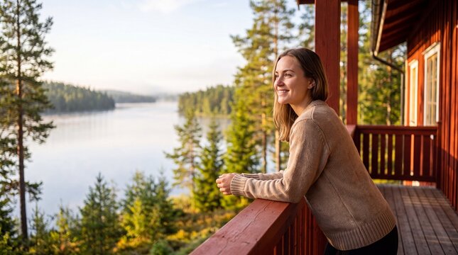 Smiling Woman Relaxing on Wooden Cabin Balcony Overlooking Scenic Forest Lake