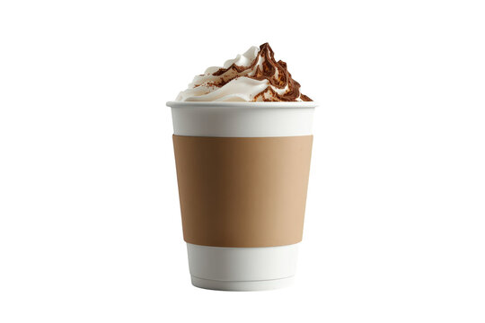 Takeaway beverage in a white paper cup with a blank brown sleeve, topped with delicious sweet cream. Transparent background