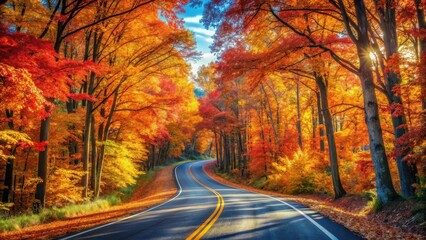 Fototapeta premium Autumnal Road Winding Through a Vibrant Forest Canopy of Red and Gold Leaves Under a Bright Sunny Sky