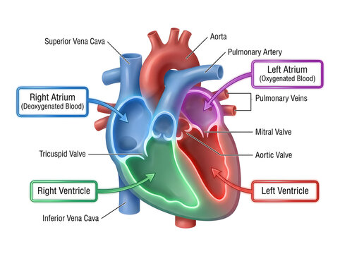 Human heart anatomy showing deoxygenated and oxygenated blood flow labeled diagram.