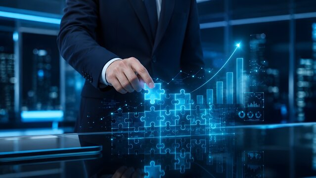 Corporate executive analyzing glowing virtual jigsaw puzzle pieces and financial graphs representing strategic problem solving, complex business integration, and digital workflow management