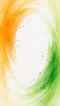 Vibrant watercolor background with swirling saffron / orange and green brushstrokes framing a white center, perfect for indian independence day.