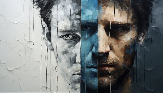 Split face portrait in light and dark tones shows identity conflict, emotional instability, and inner pain linked to borderline personality disorder.
