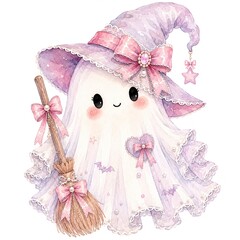 Fototapeta premium A cute, whimsical ghost wearing a witch hat and holding a broom, perfect for Halloween-themed illustrations.
