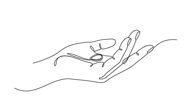 Minimalist continuous line drawing of an open human hand on white background for conceptual art