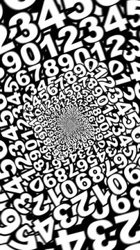 Seamless vertical video of a black and white mandala pattern swirl made of numbers. Geometric graphic spiral with a psychedelic look.