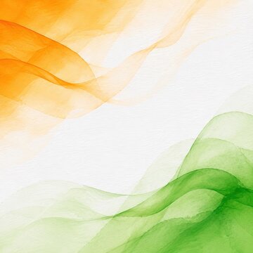 Indian flag colors watercolor background, saffron / orange and green abstract smoke waves on white paper texture, patriotic tricolor artistic border