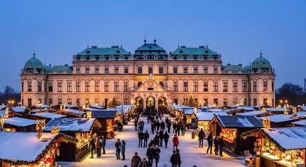 Fototapeta premium Festive Snow Covered Christmas Market Crowds Gather Before Illuminated Historic Palace at Dusk