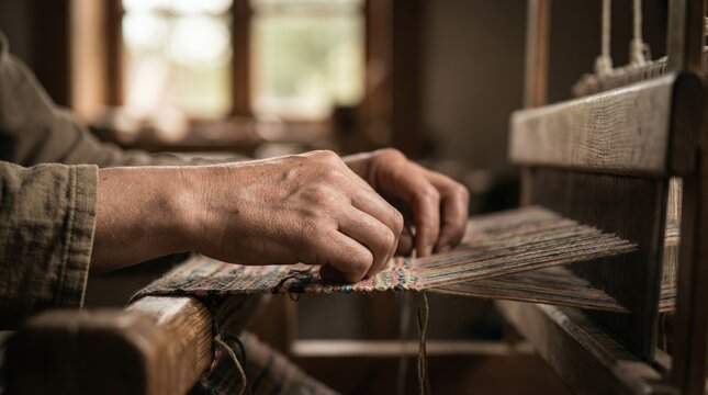 A person weaves fabric using a loom in a workshop filled with wood and sunlight during the day