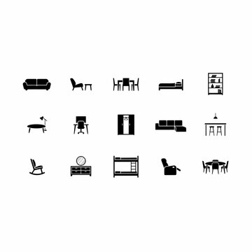 Furniture and home interior glyph vector icons set isolated on white background