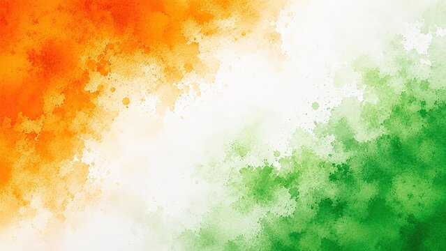 Watercolor Indian flag background with saffron / orange and green splashes, artistic tricolor paint texture, abstract national holiday celebration backdrop