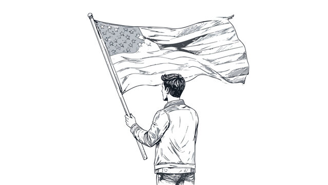 Man holding waving american flag, patriotism sketch