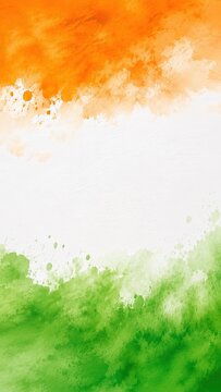 Watercolor Indian flag background with orange and green splashes, artistic tricolor paint texture, patriotic vertical banner for national holidays