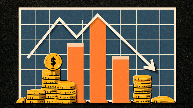 An illustrated graph showing fluctuating financial trends with gold coins in the foreground, representing investment, profit, and economic analysis.