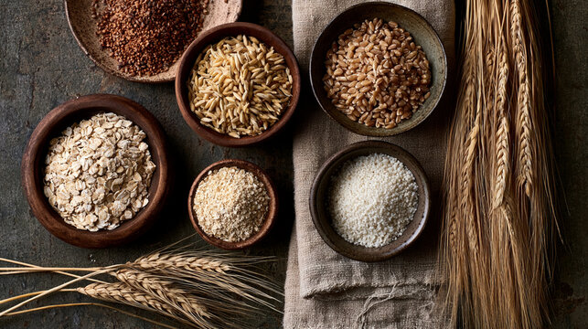 An assortment of grains displayed in decorative bowls, showcasing the variety and texture of different flours and cereals