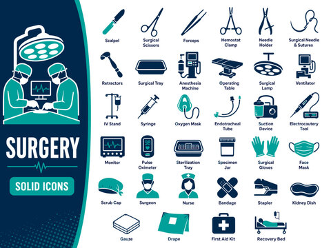 Surgery and operating room solid icon set with surgical instruments anesthesia monitoring operating table and medical equipment vector illustration