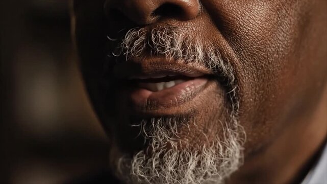 Close-up portrait of an elderly man with a graying beard smiling slightly indoors