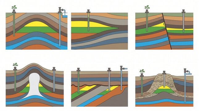 Six cross sections show rock layers, faults, folds, and resource wells