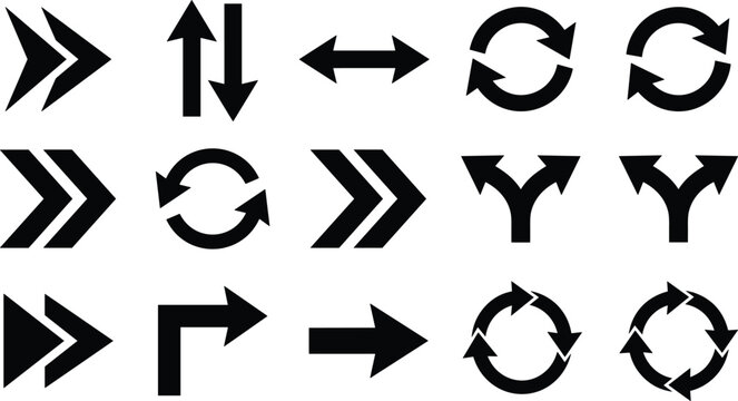Arrow icon vector set featuring forward pointers recycle loops bidirectional arrows turning and split road direction illustrations