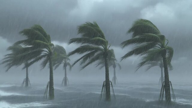 複数のヤシの木が猛烈な風で葉を吹き流され雨雲と荒れた海が緊迫感を生む